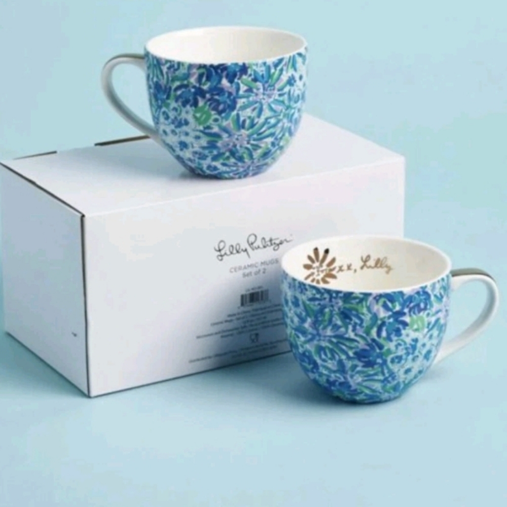Lilly Pulitzer Floral Cat Mug Set Blue & Gold